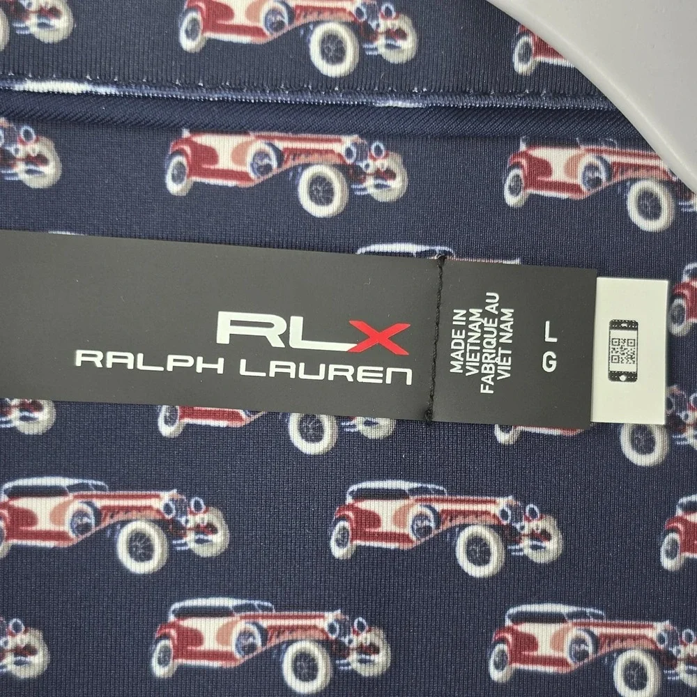 RLX Ralph Lauren Polo Shirt Blue Classic Car AOP Print Golf Performance Men's L